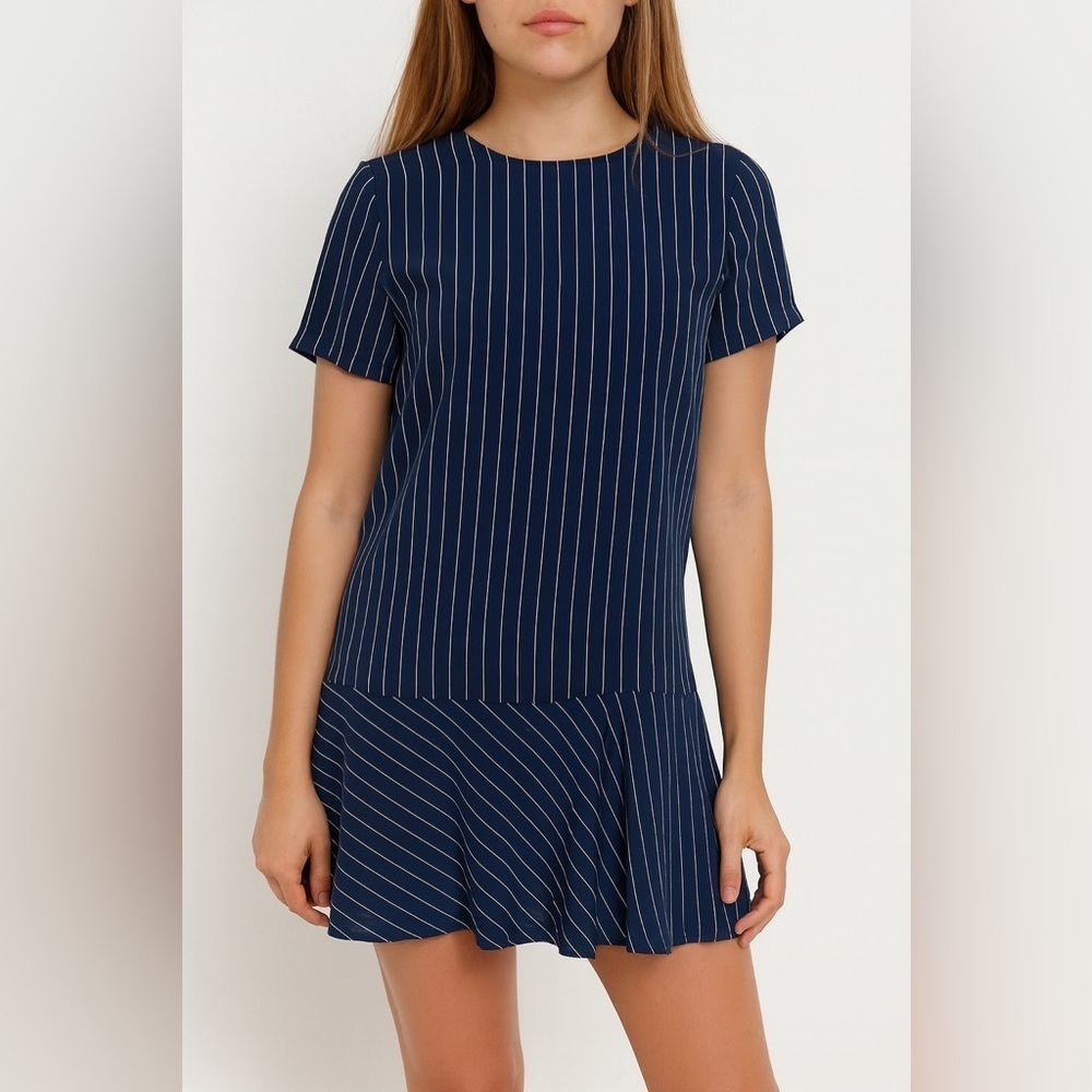 Amour Vert Pin Stripe Ruffle Hem Silk Mini Dress In Navy Blue Size S